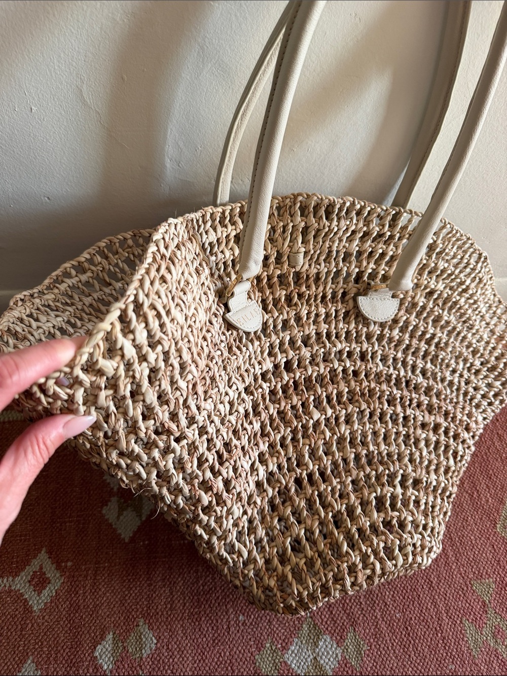 Eilaf Shamisa Braided Natural Straw Bucket Tote Ivory Leather Trim $395 - Picture 13 of 14